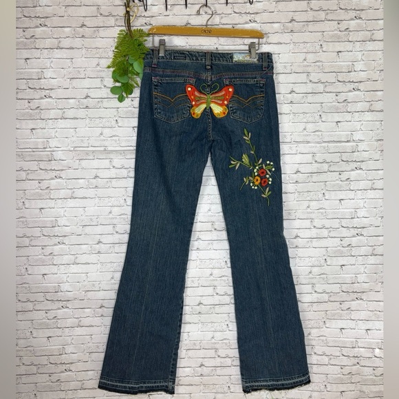 Vintage Y2K Butterfly Flower Embroidered Hippie Lowcut Jeans - Picture 1 of 6